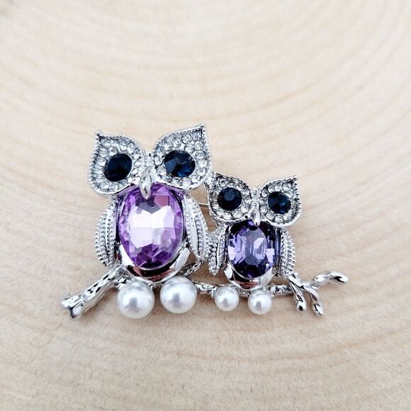 Brand New Silver & Purple Owl Pearl Brooch Pin - Picture 1 of 9